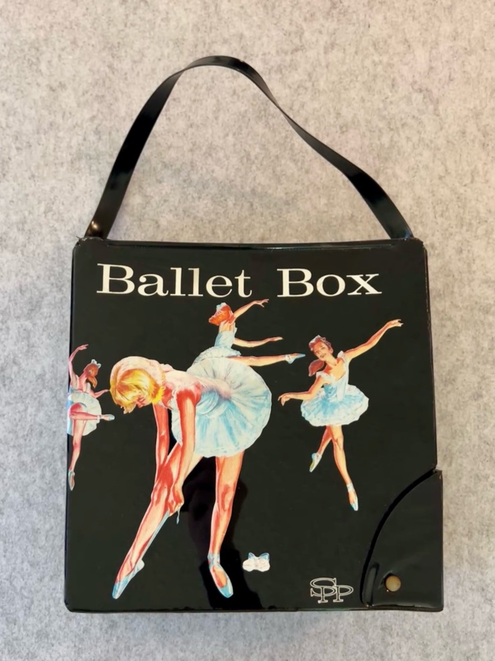 Vintage Ballet Box Black Tote with Blue Ballerina Artwork